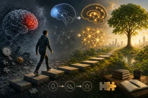 Ilustrácia zobrazujúca prechod od chaosu k usporiadanému životu pomocou malých krokov, s motívmi mozgu, neurónových sietí, návykov a postupnej osobnej transformácie.