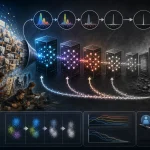 Model collapse – ilustrácia postupnej degradácie AI modelov pri rekurzívnom trénovaní na AI-generovaných dátach a strate diverzity informácií.