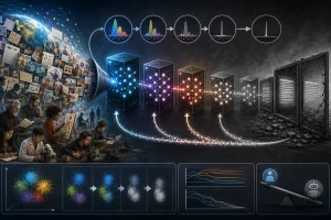 Model collapse – ilustrácia postupnej degradácie AI modelov pri rekurzívnom trénovaní na AI-generovaných dátach a strate diverzity informácií.