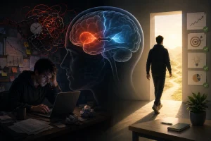 Ilustrácia vývojára zápasiaceho s neúspešným projektom, mozgu rozdeleného medzi emocionálne pripútanie a racionálne rozhodovanie, a postavy odchádzajúcej smerom k novým príležitostiam.