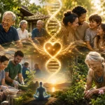 Ilustrácia zobrazujúca prepojenie medzi ľudskými vzťahmi, láskou, komunitou a dlhovekosťou s centrálnou DNA špirálou a scénami starostlivosti, rodiny a meditácie v teplom svetle.