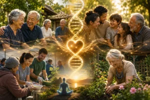 Ilustrácia zobrazujúca prepojenie medzi ľudskými vzťahmi, láskou, komunitou a dlhovekosťou s centrálnou DNA špirálou a scénami starostlivosti, rodiny a meditácie v teplom svetle.