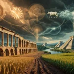 Alt text: Symbolická ilustrácia kolapsu civilizácií – zrúcaniny rímskeho akvaduktu, mayské pyramídy, suché obilné pole a Níl s dobytkom ako tri poistky potravinovej reziliencie v dramatickej krajine