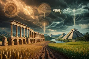 Alt text: Symbolická ilustrácia kolapsu civilizácií – zrúcaniny rímskeho akvaduktu, mayské pyramídy, suché obilné pole a Níl s dobytkom ako tri poistky potravinovej reziliencie v dramatickej krajine