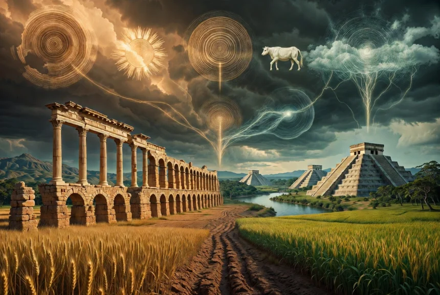 Alt text: Symbolická ilustrácia kolapsu civilizácií – zrúcaniny rímskeho akvaduktu, mayské pyramídy, suché obilné pole a Níl s dobytkom ako tri poistky potravinovej reziliencie v dramatickej krajine