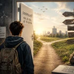 Starší tínedžer stojí pred otvorenými dverami symbolizujúcimi vstup do dospelosti, zatiaľ čo v pozadí sú znázornené prvky mozgu, identity, rozhodovania a životných ciest.