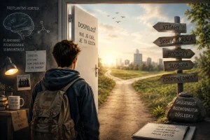 Starší tínedžer stojí pred otvorenými dverami symbolizujúcimi vstup do dospelosti, zatiaľ čo v pozadí sú znázornené prvky mozgu, identity, rozhodovania a životných ciest.