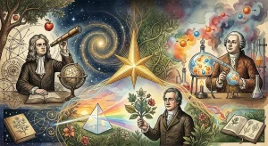 Ilustrácia zobrazujúca Isaaca Newtona, Michaila Lomonosova a Johanna Wolfganga von Goetheho v spoločnom priestore, symbolizujúca prepojenie matematiky, fyziky, chémie a biológie pri hľadaní základných zákonov prírody.