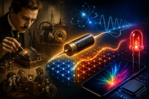 Ilustrácia vývoja polovodičových technológií od Braunovej hrotovej diódy cez kryštálové rádiá až po LED diódy a moderné smartfóny.