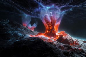 Umelecká vizualizácia alkalických hydrotermálnych prieduchov na dne praoceánu, kde mohli vzniknúť prvé chemické systémy vedúce k vzniku života.