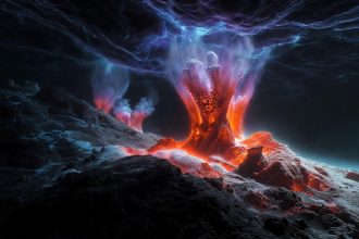 Umelecká vizualizácia alkalických hydrotermálnych prieduchov na dne praoceánu, kde mohli vzniknúť prvé chemické systémy vedúce k vzniku života.