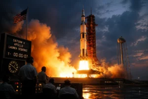 Raketa Saturn V na štartovacej rampe v noci s vizualizáciou systémov riadenia rizík a redundancie – ilustrácia k článku o zvládaní neistoty podľa programu Apollo