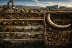 Ilustračné zobrazenie archeologického výskumu pri Šuranoch s mamutím klom, odkrytými hrobmi a pozostatkami dávnych sídlisk pod budúcim priemyselným parkom.