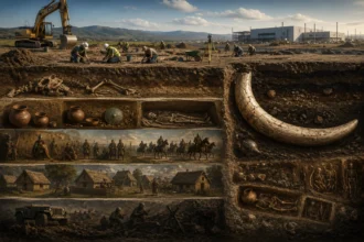 Ilustračné zobrazenie archeologického výskumu pri Šuranoch s mamutím klom, odkrytými hrobmi a pozostatkami dávnych sídlisk pod budúcim priemyselným parkom.