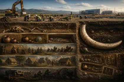 Ilustračné zobrazenie archeologického výskumu pri Šuranoch s mamutím klom, odkrytými hrobmi a pozostatkami dávnych sídlisk pod budúcim priemyselným parkom.