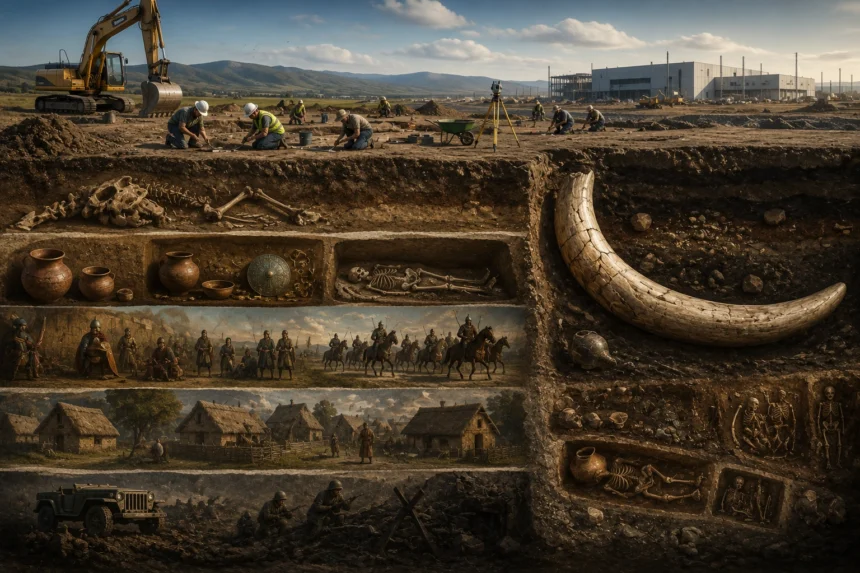 Ilustračné zobrazenie archeologického výskumu pri Šuranoch s mamutím klom, odkrytými hrobmi a pozostatkami dávnych sídlisk pod budúcim priemyselným parkom.