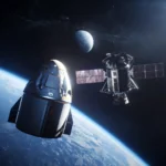 Loď Orion a testovací lunárny lander na nízkej obežnej dráhe Zeme – ilustrácia k misii Artemis III