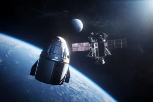 Loď Orion a testovací lunárny lander na nízkej obežnej dráhe Zeme – ilustrácia k misii Artemis III
