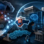 Konceptuálna ilustrácia znázorňujúca tok dát z AI chatbota do cloudovej infraštruktúry a ochranu citlivých údajov prostredníctvom kybernetickej bezpečnosti na Slovensku.