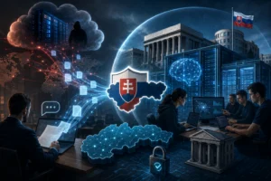 Konceptuálna ilustrácia znázorňujúca tok dát z AI chatbota do cloudovej infraštruktúry a ochranu citlivých údajov prostredníctvom kybernetickej bezpečnosti na Slovensku.