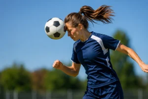 Futbalistka vykonáva hlavičku počas tréningu. Ilustračný obrázok k výskumu slovenských vedcov o biologických účinkoch opakovaného hlavičkovania na mozog.