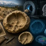 Ilustračné zobrazenie neandertálskeho endokastu z Gánoviec pri Poprade, archeologického výskumu a modernej digitálnej analýzy fosílií.