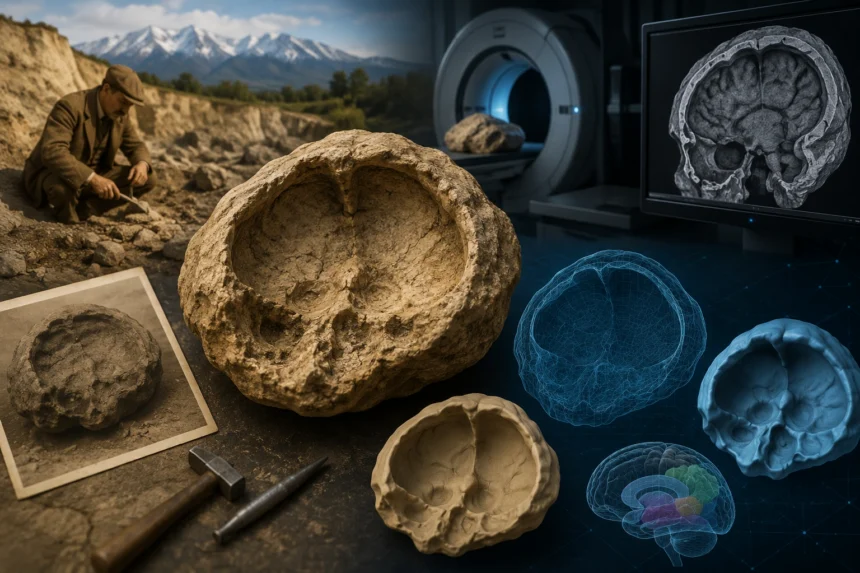 Ilustračné zobrazenie neandertálskeho endokastu z Gánoviec pri Poprade, archeologického výskumu a modernej digitálnej analýzy fosílií.