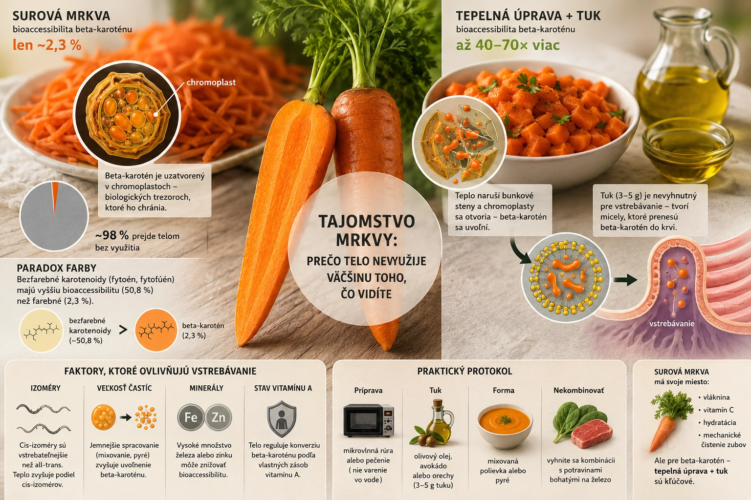 Infografika porovnávajúca bioaccessibilitu beta-karoténu zo surovej a tepelne upravenej mrkvy s olivovým olejom. Ukazuje chromoplasty ako biologický trezor, význam tuku a až 40-70x vyššie vstrebávanie po správnej príprave.