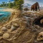 Ilustrácia paleontologického dedičstva Slovenska: vľavo tropické more s žralokmi, tuleňom a morskými fosíliami, vpravo doba ľadová s mamutom, srstnatým nosorožcom, jaskynným medveďom a neandertálskou lebkou.