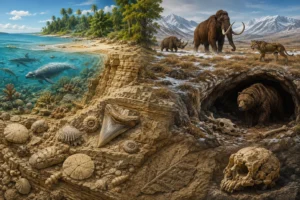 Ilustrácia paleontologického dedičstva Slovenska: vľavo tropické more s žralokmi, tuleňom a morskými fosíliami, vpravo doba ľadová s mamutom, srstnatým nosorožcom, jaskynným medveďom a neandertálskou lebkou.