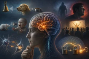 Ilustrácia neurónovej siete znázorňujúca klasické podmieňovanie, amygdalu a vznik asociácií v ľudskom mozgu.
