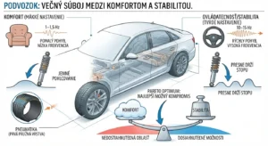 Infografika znázorňujúca fyzikálny kompromis podvozka auta medzi komfortom jazdy a stabilitou, vrátane vysvetlenia frekvencií a Pareto optima.