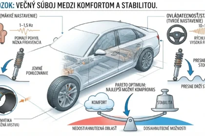 Infografika znázorňujúca fyzikálny kompromis podvozka auta medzi komfortom jazdy a stabilitou, vrátane vysvetlenia frekvencií a Pareto optima.