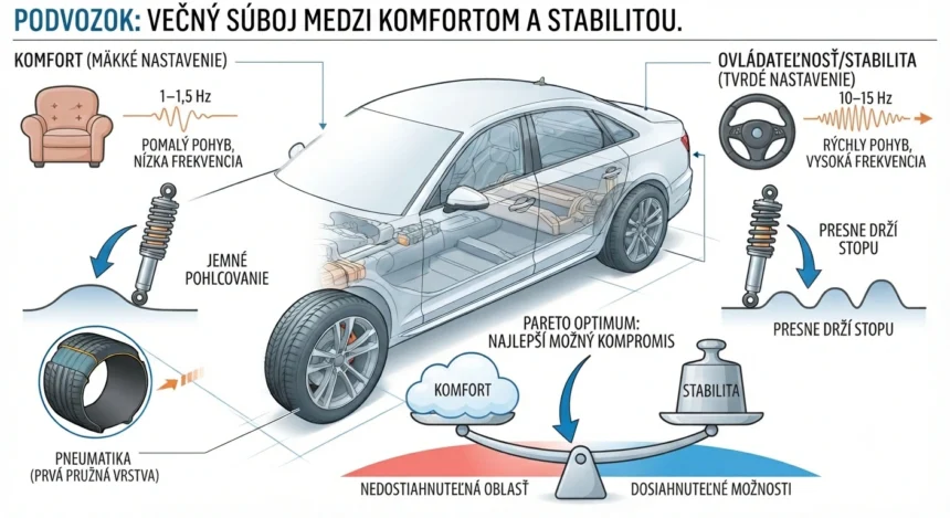 Infografika znázorňujúca fyzikálny kompromis podvozka auta medzi komfortom jazdy a stabilitou, vrátane vysvetlenia frekvencií a Pareto optima.