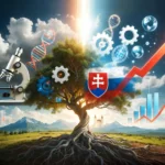 Alt text: Ilustrácia pokroku slovenskej vedy – strom poznania s vedeckými symbolmi, stúpajúcim grafom a slovenskými motívmi symbolizujúci rast kvality výskumu podľa hodnotenia VER 2026.