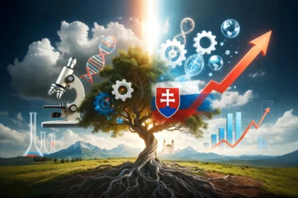 Alt text: Ilustrácia pokroku slovenskej vedy – strom poznania s vedeckými symbolmi, stúpajúcim grafom a slovenskými motívmi symbolizujúci rast kvality výskumu podľa hodnotenia VER 2026.