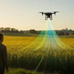 Alt text: Agronóm stojí na okraji slovenského poľa, nad ním letí dron, z ktorého vychádzajú farebné mapy dát variability pôdy premietnuté na porast. Symbol precízneho poľnohospodárstva a platformy Agro Asistent SPU Nitra.