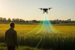 Alt text: Agronóm stojí na okraji slovenského poľa, nad ním letí dron, z ktorého vychádzajú farebné mapy dát variability pôdy premietnuté na porast. Symbol precízneho poľnohospodárstva a platformy Agro Asistent SPU Nitra.