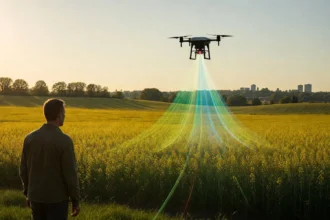 Alt text: Agronóm stojí na okraji slovenského poľa, nad ním letí dron, z ktorého vychádzajú farebné mapy dát variability pôdy premietnuté na porast. Symbol precízneho poľnohospodárstva a platformy Agro Asistent SPU Nitra.