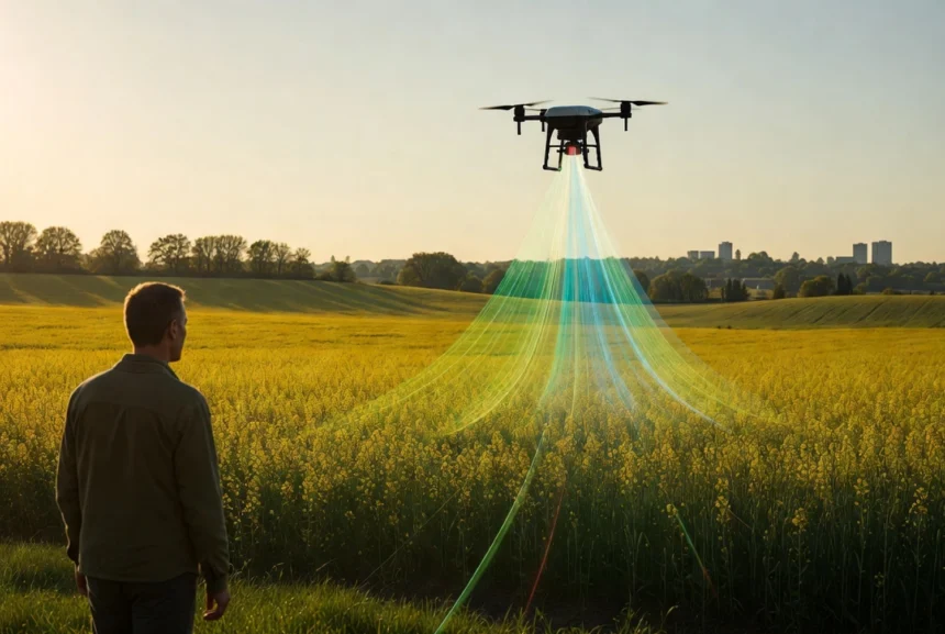 Alt text: Agronóm stojí na okraji slovenského poľa, nad ním letí dron, z ktorého vychádzajú farebné mapy dát variability pôdy premietnuté na porast. Symbol precízneho poľnohospodárstva a platformy Agro Asistent SPU Nitra.
