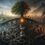 Symbolická ilustrácia zobrazujúca kontrast medzi stabilnou civilizáciou a spoločenským kolapsom, prepojenými mechanickými sústavami, presýpacími hodinami a iskrou predstavujúcou eskaláciu konfliktu v komplexnom systéme.