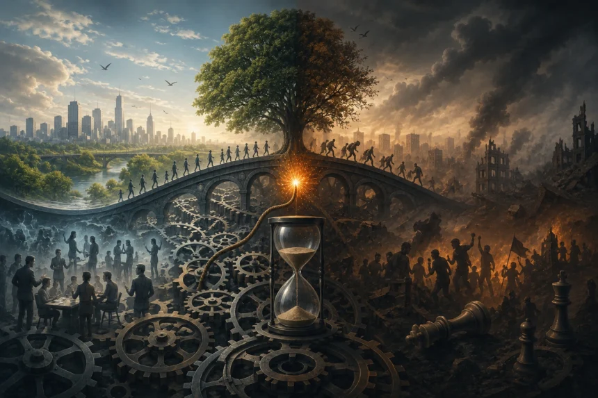 Symbolická ilustrácia zobrazujúca kontrast medzi stabilnou civilizáciou a spoločenským kolapsom, prepojenými mechanickými sústavami, presýpacími hodinami a iskrou predstavujúcou eskaláciu konfliktu v komplexnom systéme.