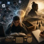 Študent v strese pri učení s otvorenou knihou a notebookom, obklopený notifikáciami a symbolmi rozptýlenia na jednej strane, a na druhej strane strategická scéna pripomínajúca Sun Tzu a šachové plánovanie v teplom svetle.