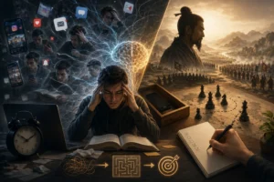 Študent v strese pri učení s otvorenou knihou a notebookom, obklopený notifikáciami a symbolmi rozptýlenia na jednej strane, a na druhej strane strategická scéna pripomínajúca Sun Tzu a šachové plánovanie v teplom svetle.