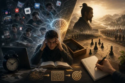 Študent v strese pri učení s otvorenou knihou a notebookom, obklopený notifikáciami a symbolmi rozptýlenia na jednej strane, a na druhej strane strategická scéna pripomínajúca Sun Tzu a šachové plánovanie v teplom svetle.