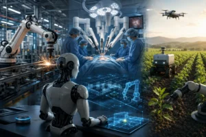 Ilustračná koláž zobrazujúca priemyselnú, medicínsku a poľnohospodársku robotiku – robotické rameno vo výrobe, chirurgický robot na operačnej sále a autonómny poľnohospodársky robot na poli.