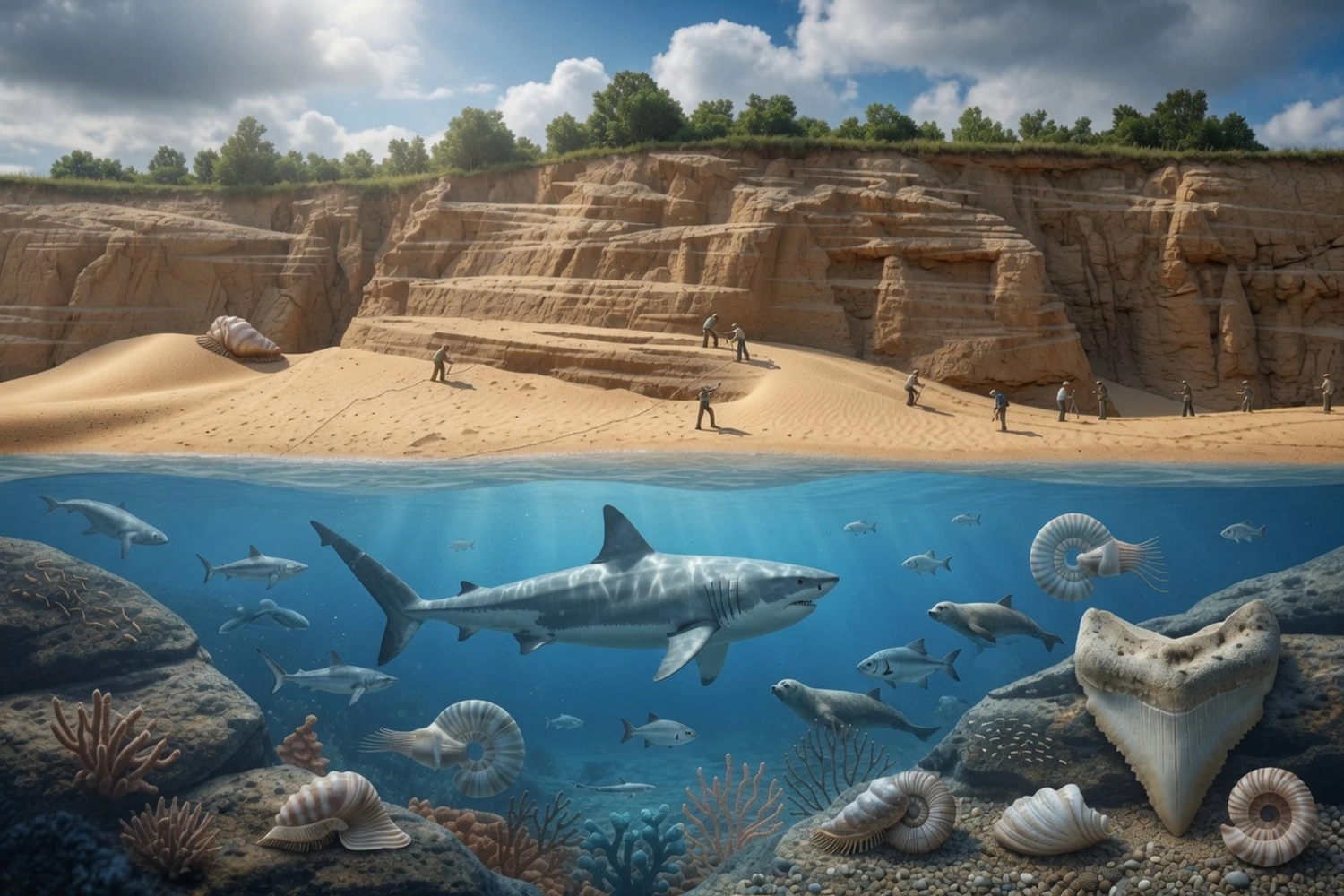 Fotorealistická ilustrácia paleontologickej lokality Sandberg pri Devínskej Novej Vsi – vrstvené miocénne piesky s výskumníkmi hore a pod hladinou praveké more Paratetýdy so žralokmi, tuleňmi, rybami, amonitmi a fosíliami.