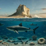 Fotorealistická ilustrácia miocénneho mora Paratetýdy pri Sandbergu – vápencový masív Devínskej Kobyly ako skalný ostrov, pod hladinou žraloky, ryby, korály a fosílie na piesočnatom dne.