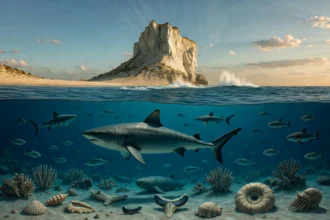 Fotorealistická ilustrácia miocénneho mora Paratetýdy pri Sandbergu – vápencový masív Devínskej Kobyly ako skalný ostrov, pod hladinou žraloky, ryby, korály a fosílie na piesočnatom dne.