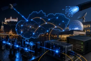 Ilustračné zobrazenie kvantovej komunikačnej infraštruktúry využívajúcej optické vlákna, fotónové spojenia a zabezpečený prenos dát pomocou kvantovej distribúcie kľúčov.